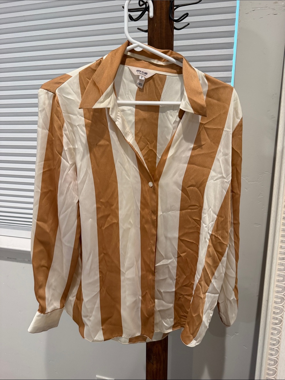 River Island Wide Striped Button-Down Shirt in Tan and Cream